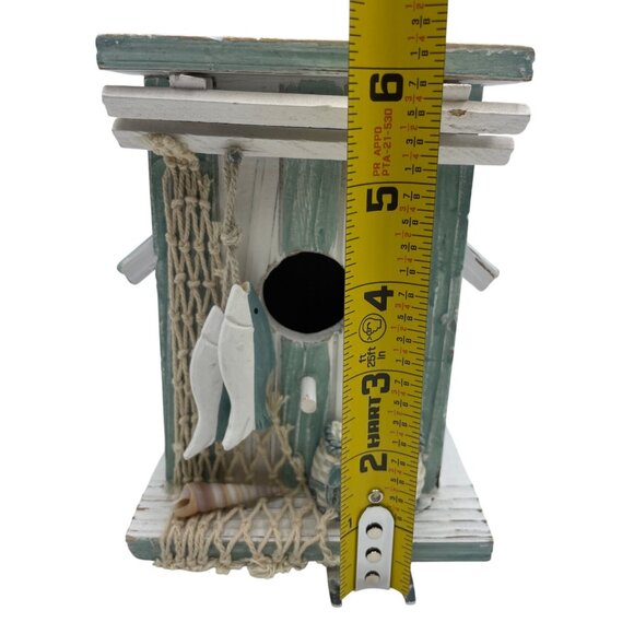 Wooden Coastal-Themed Birdhouse With Nautical Rope Seashell & Fish Decor Rustic - Picture 8 of 10
